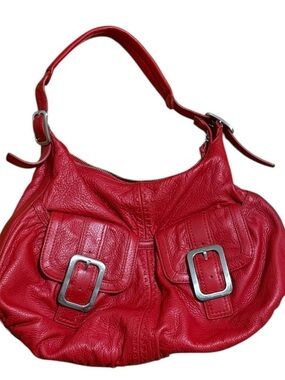 Cole Haan Red Leather Shoulder Bag with Buckle Front Pockets